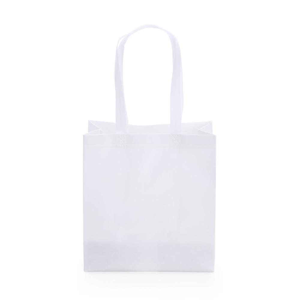 Sacola TNT laminado 116 g/m² impermeável na cor Branco, personalizada com a logo da empresa