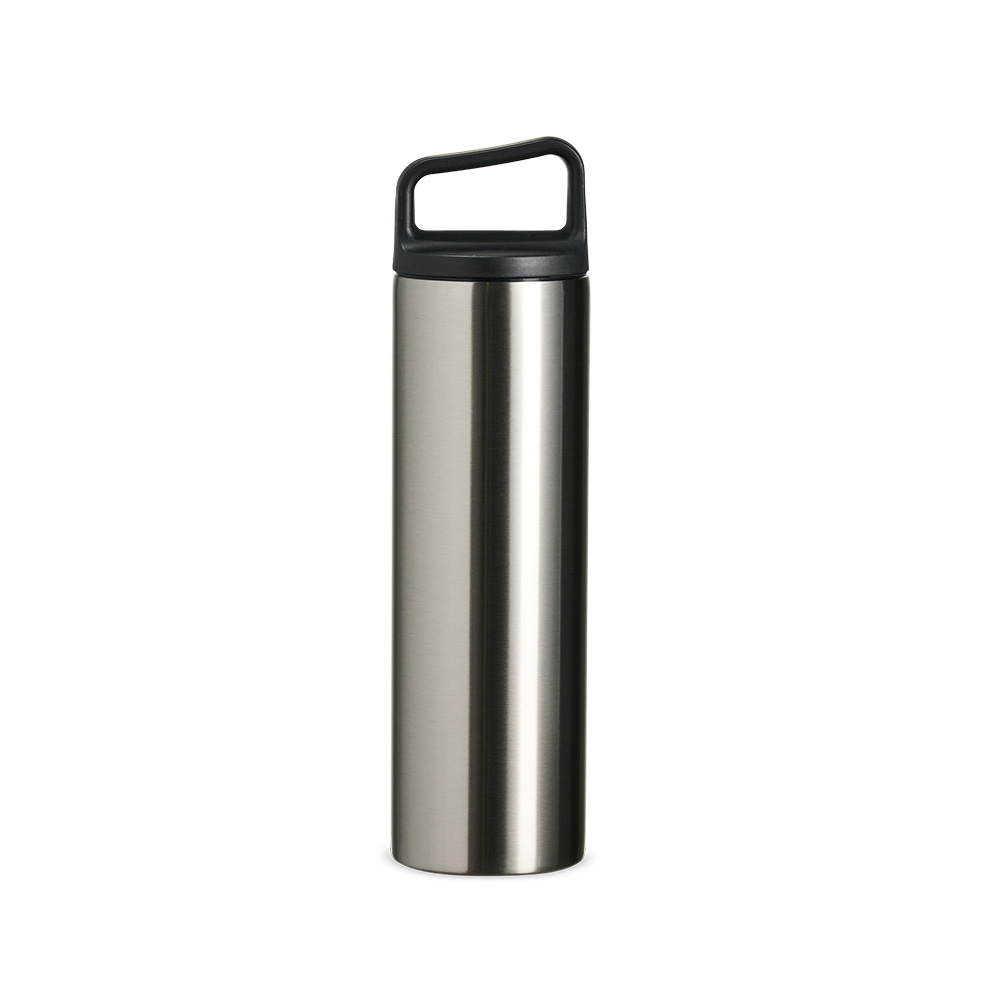 Garrafa térmica 600 ml de inox fina com alça na tampa personalizada com a logo da empresa, na cor inox