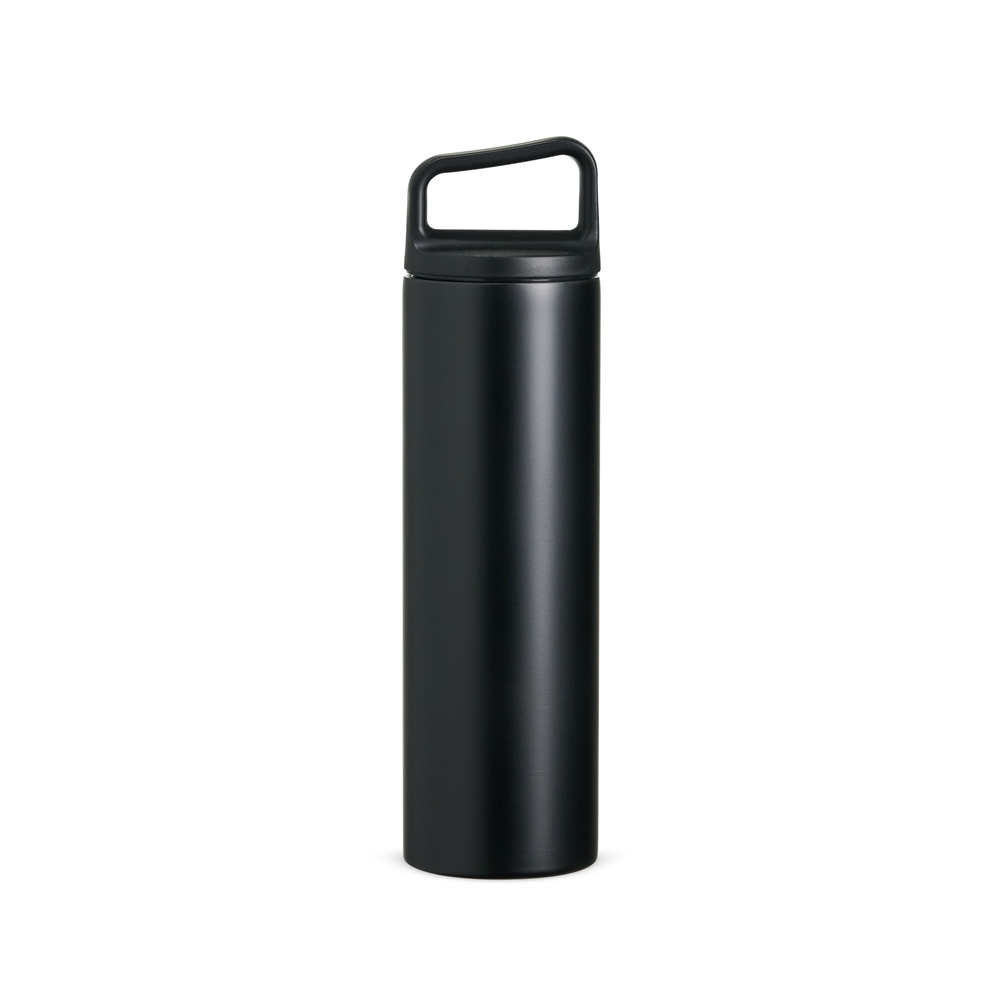 Garrafa térmica 600 ml de inox fina com alça na tampa na cor Preto, personalizada com a logo da empresa