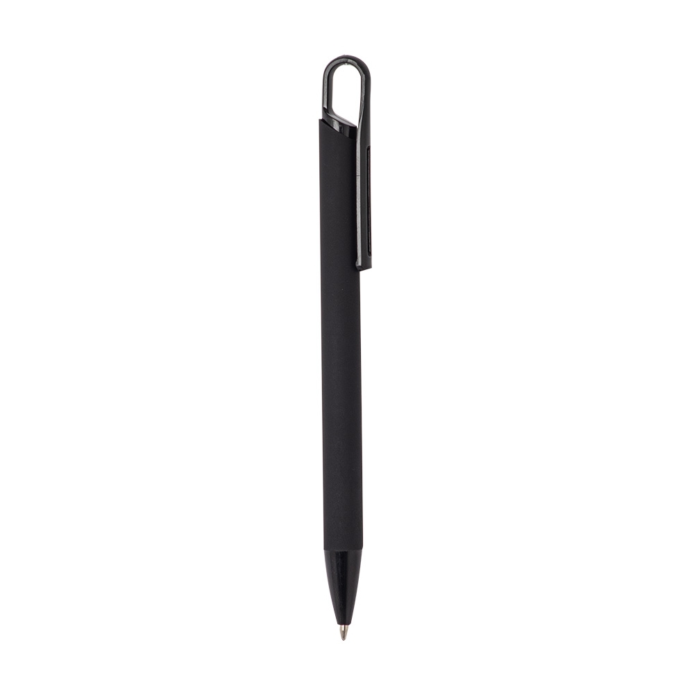 Caneta de metal emborrachada com clipe vazado de plástico na cor Preto, personalizada com a logo da empresa