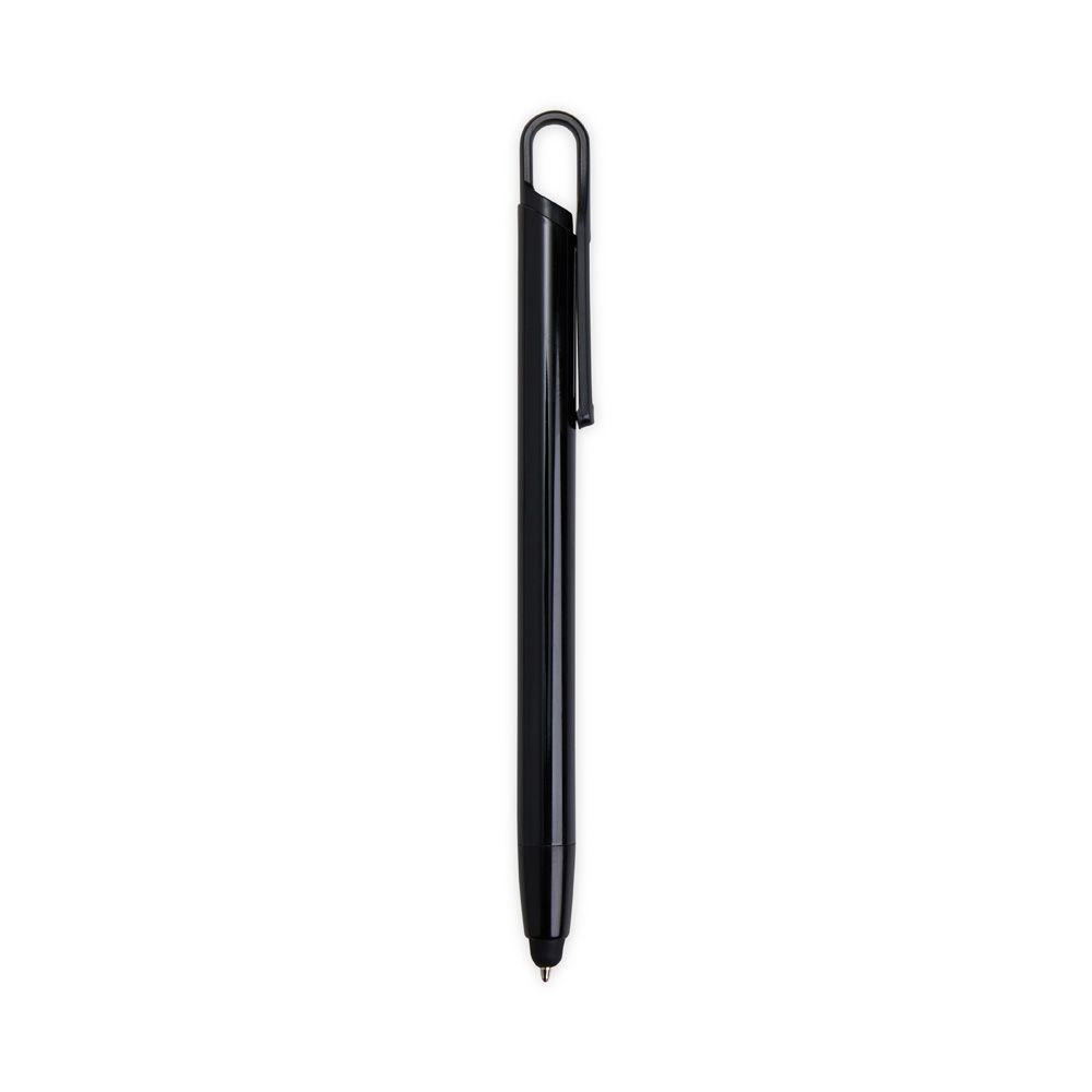 Caneta de metal touch com clipe vazado de plástico na cor Preto, personalizada com a logo da empresa