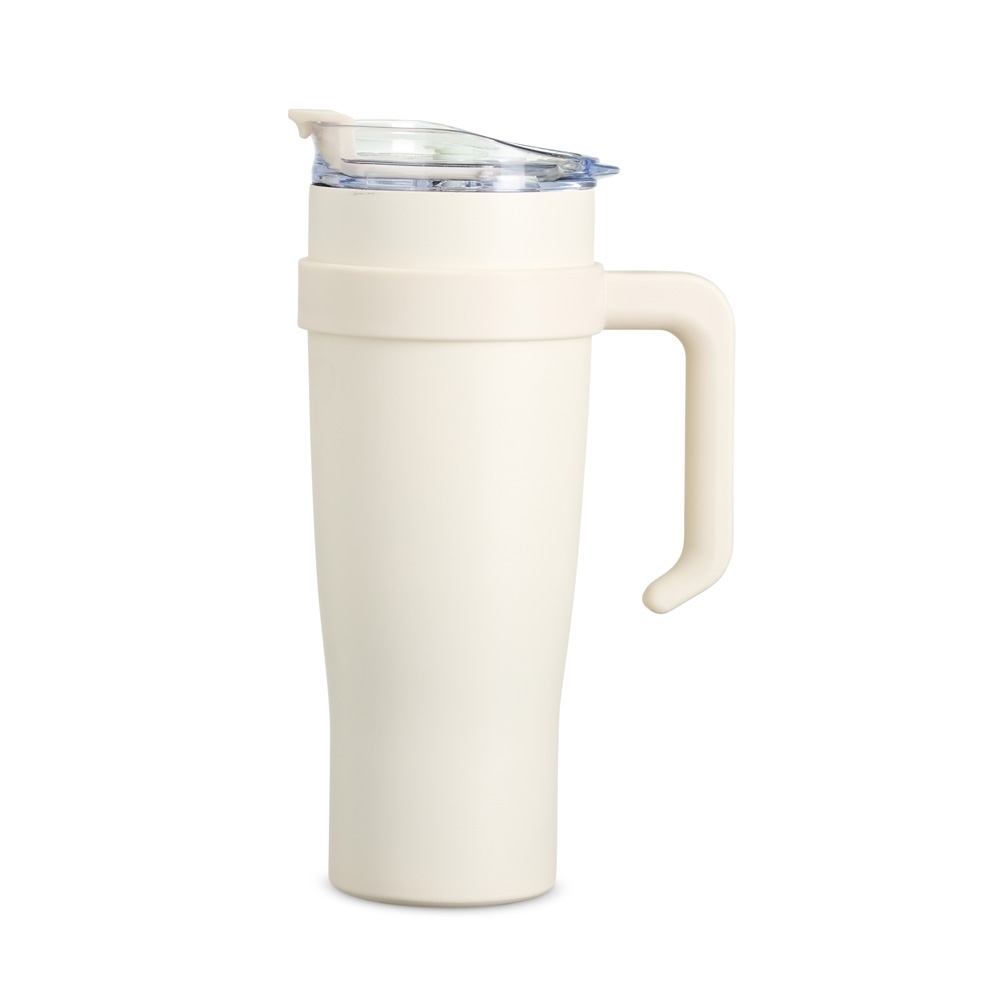Caneca térmica 1,2 litro de inox com canudo de inox e trava personalizada com a logo da empresa, na cor bege