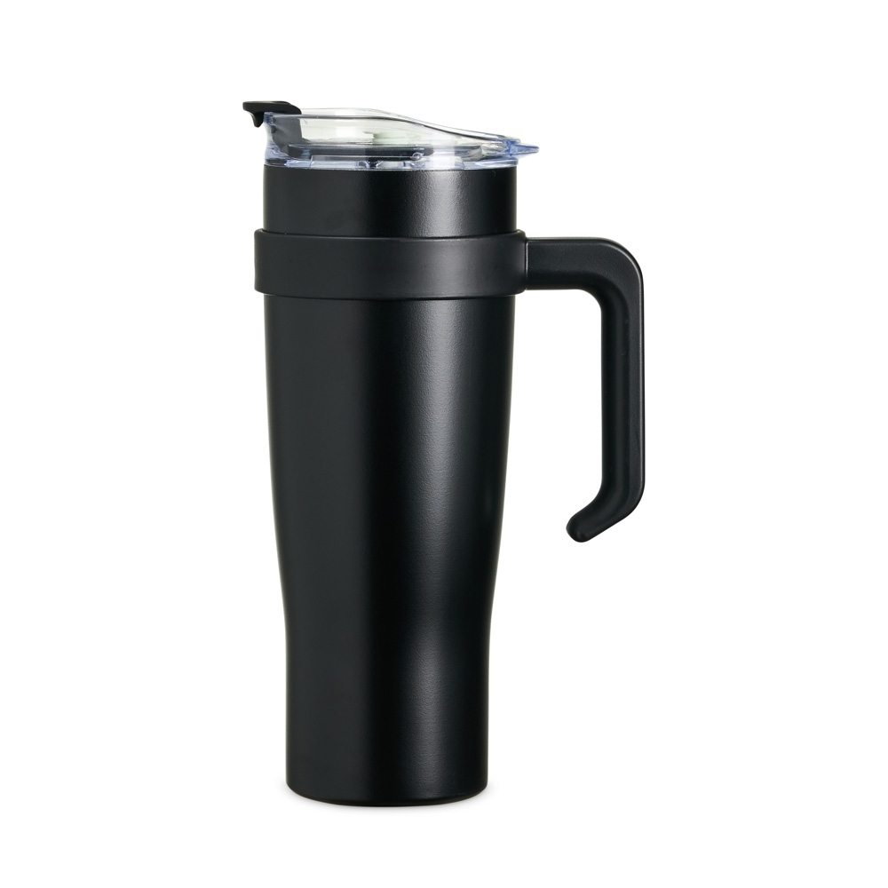 Caneca térmica 1,2 litro de inox com canudo de inox e trava na cor Preto, personalizada com a logo da empresa