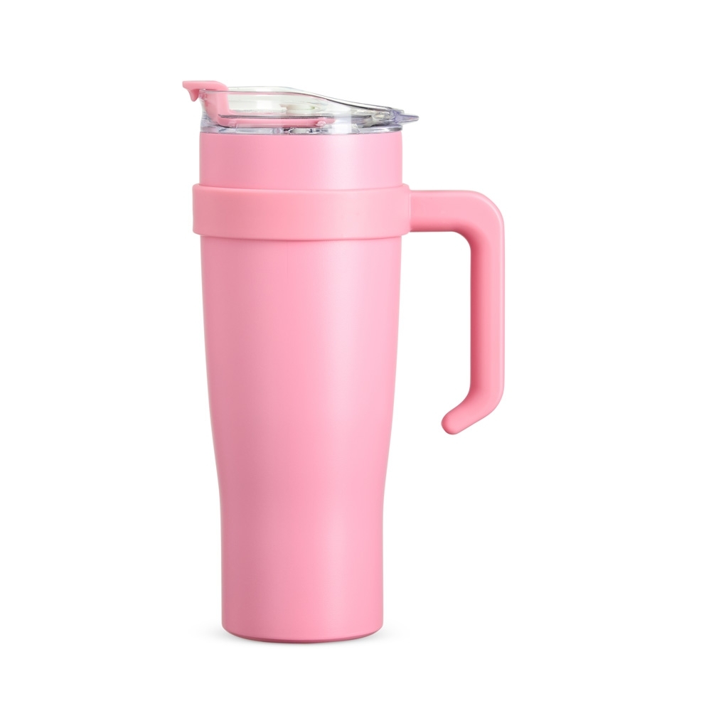 Caneca térmica 1,2 litro de inox com canudo de inox e trava personalizada com a logo da empresa, na cor rosa