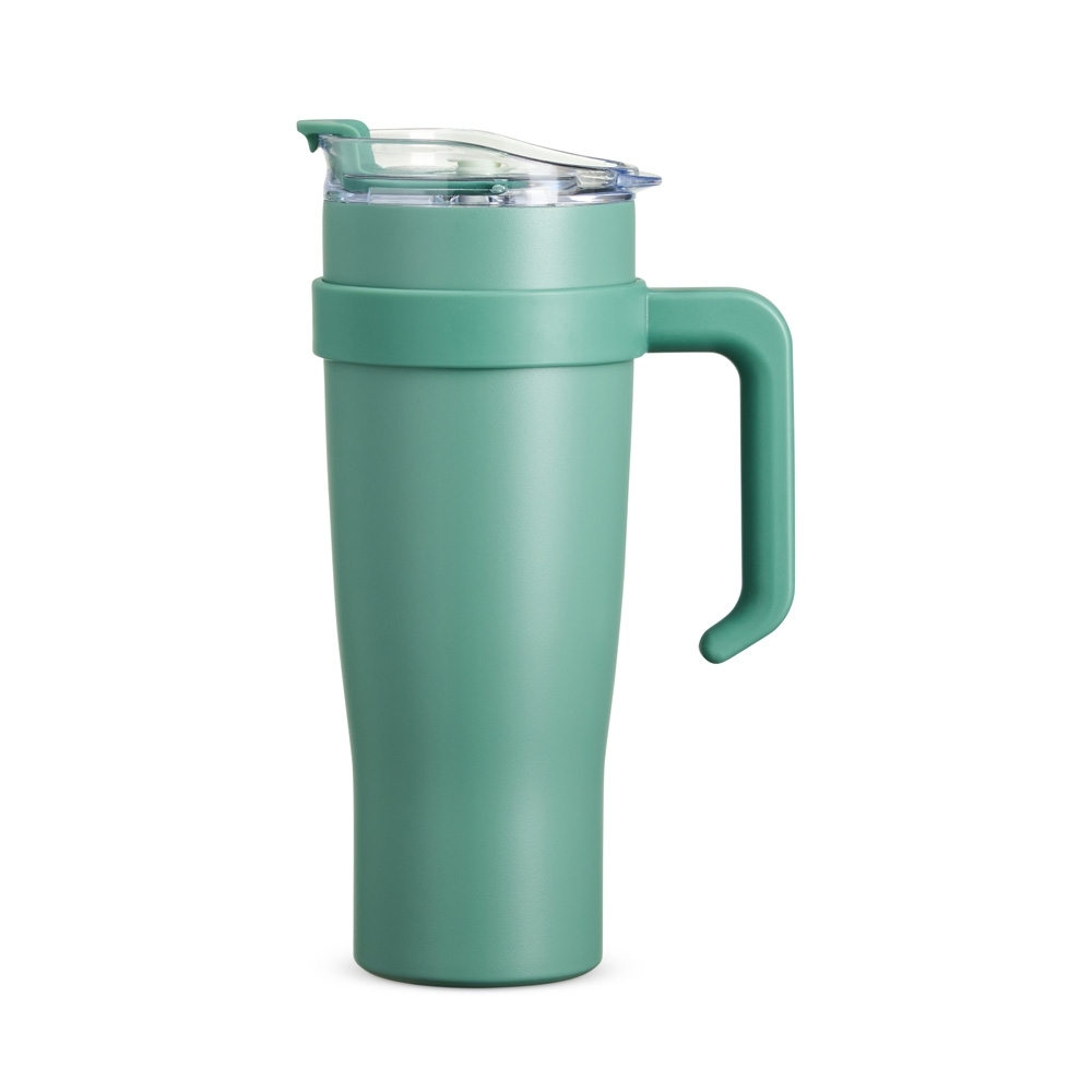 Caneca térmica 1,2 litro de inox com canudo de inox e trava personalizada com a logo da empresa, na cor verde