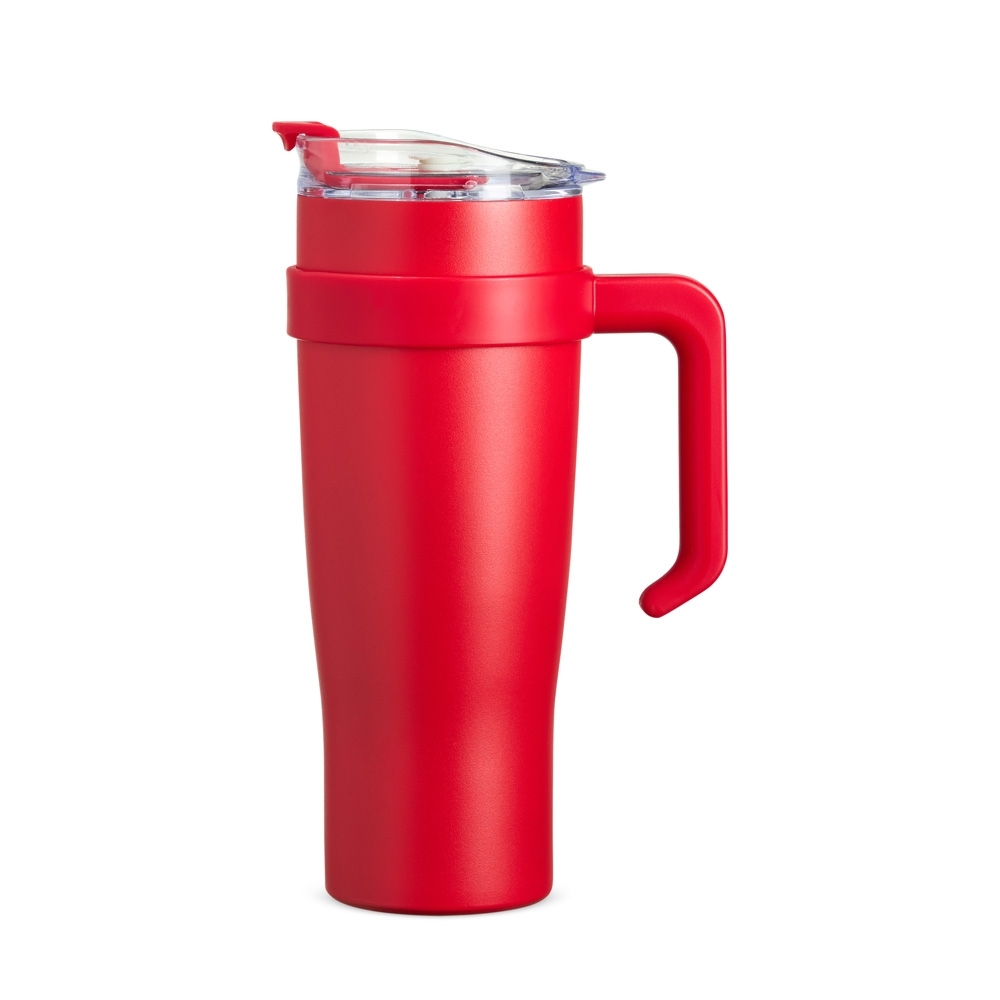 Caneca térmica 1,2 litro de inox com canudo de inox e trava personalizada com a logo da empresa, na cor vermelho