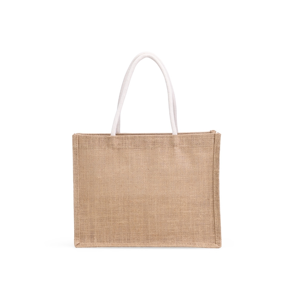 Sacola de juta 400 g/m² com alças reforçadas na cor Branco, personalizada com a logo da empresa