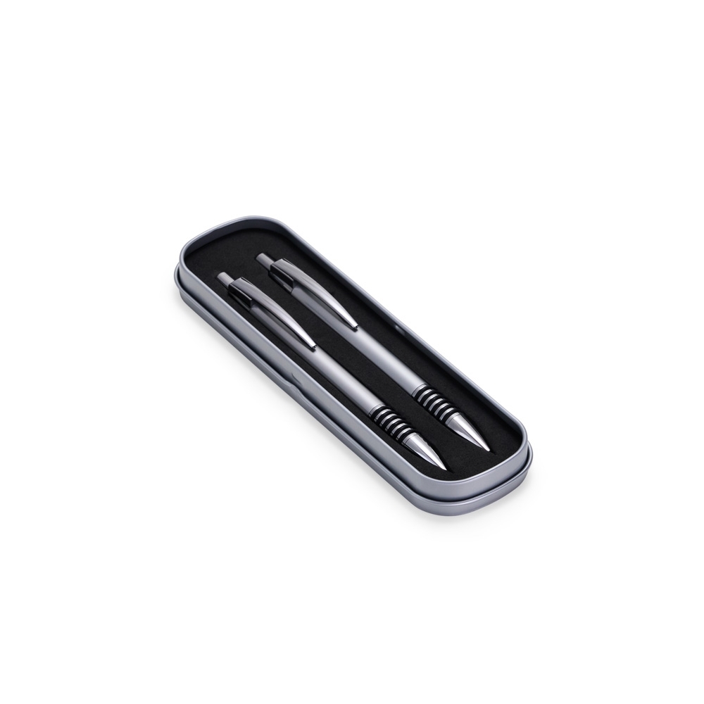 Conjunto caneta e lapiseira metal personalizado com a logo da empresa, na cor prata