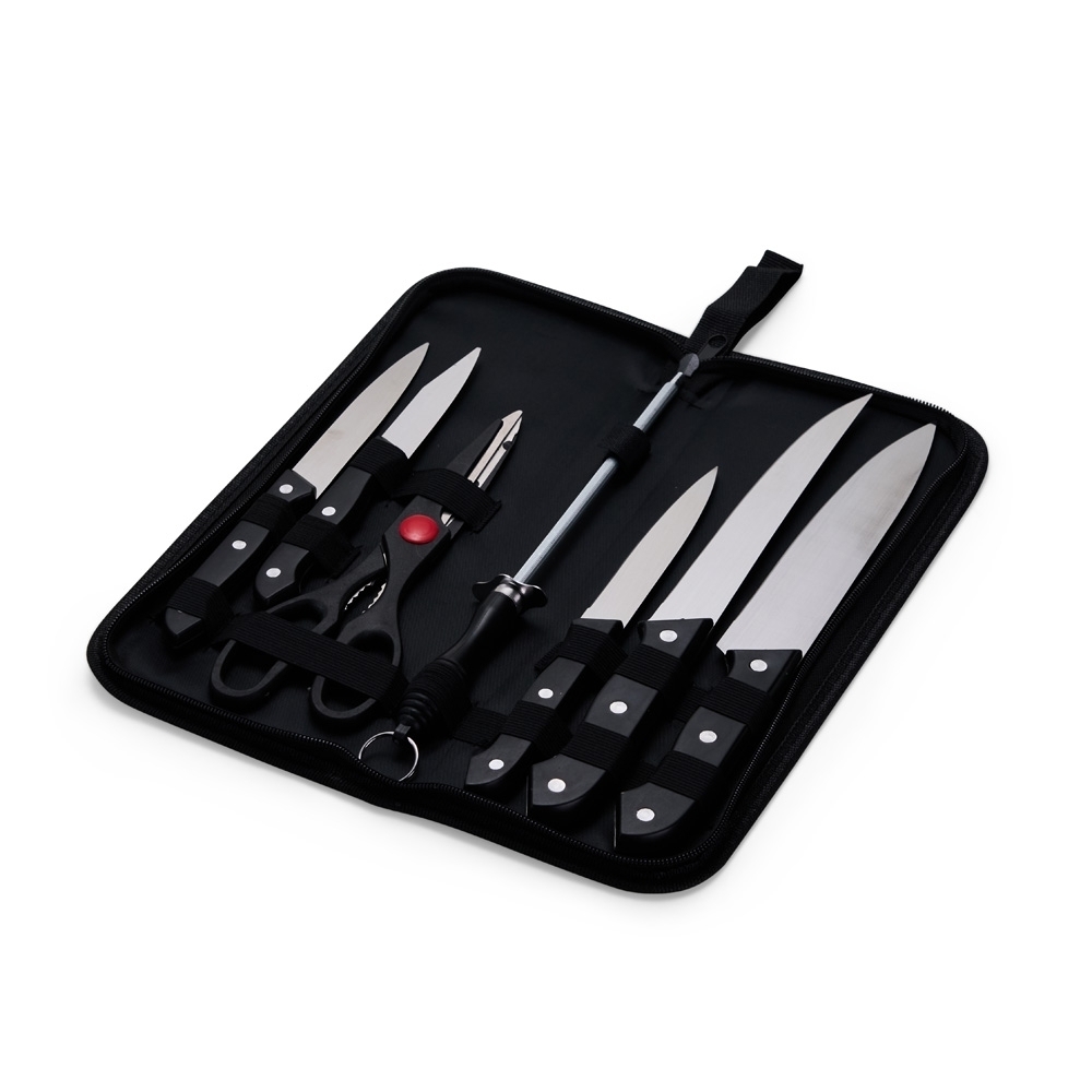 Kit churrasco 7 peças com facas, chaira e tesoura em estojo de nylon personalizado com a logo da empresa