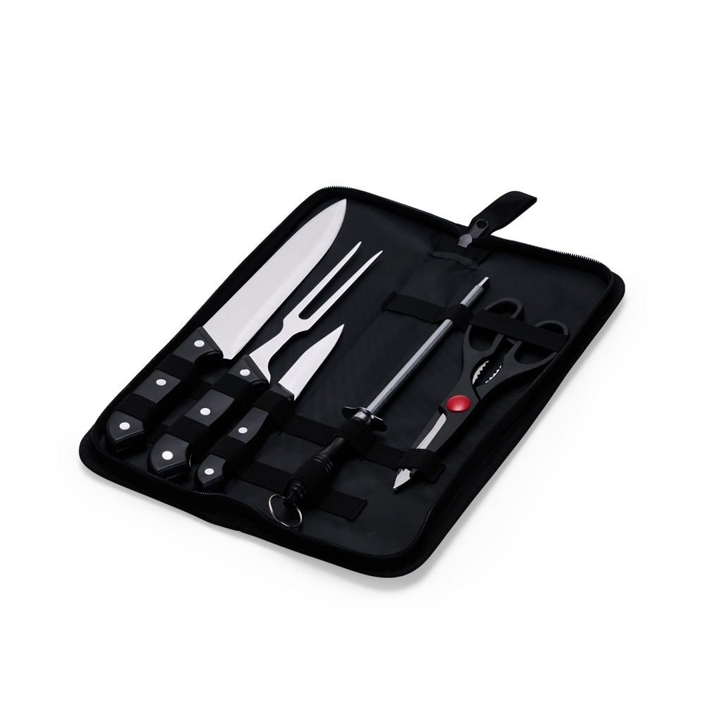 Kit churrasco 5 peças com facas, garfo, chaira e tesoura na cor Preto, personalizado com a logo da empresa
