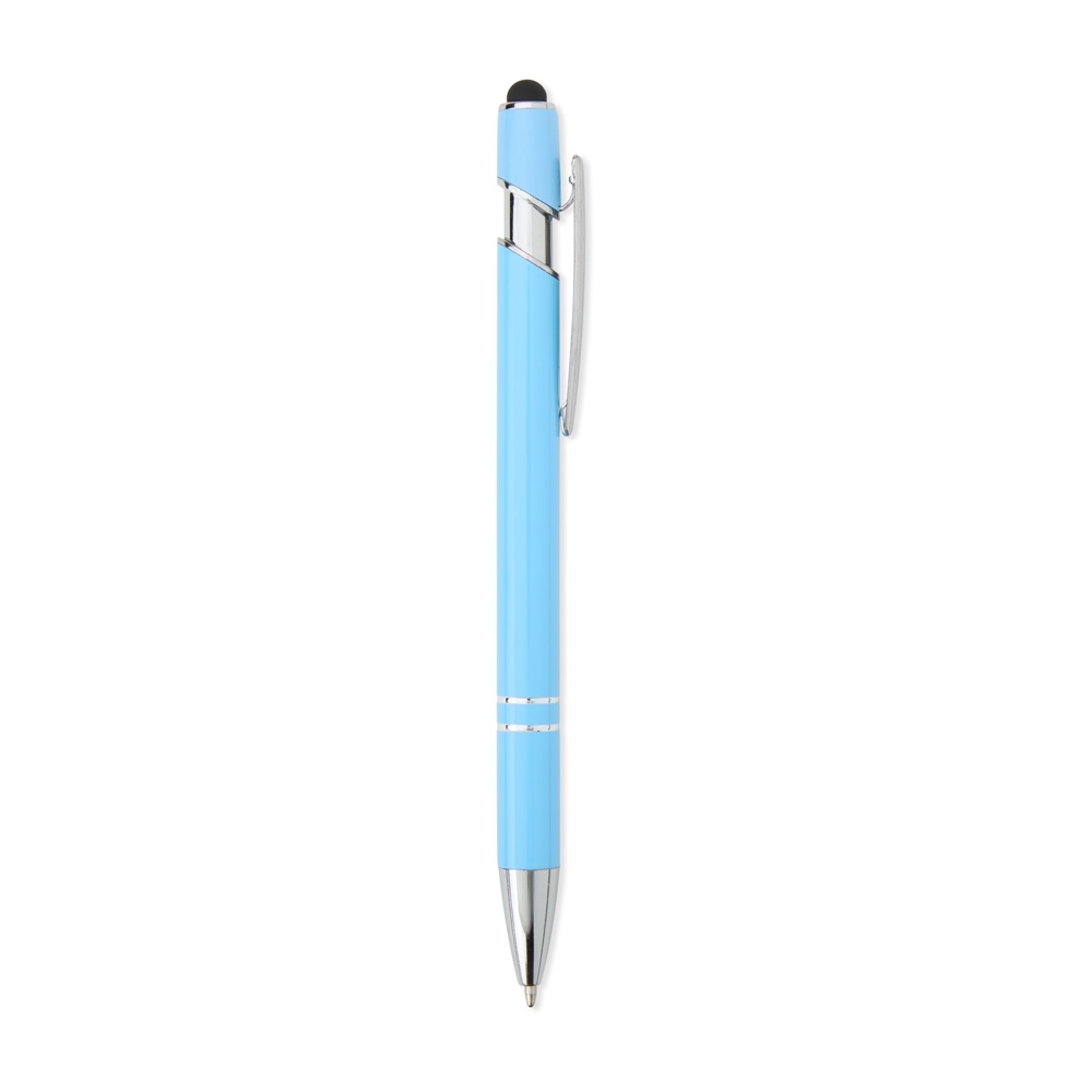Caneta de metal touch brilhante personalizada com a logo da empresa, na cor azul claro