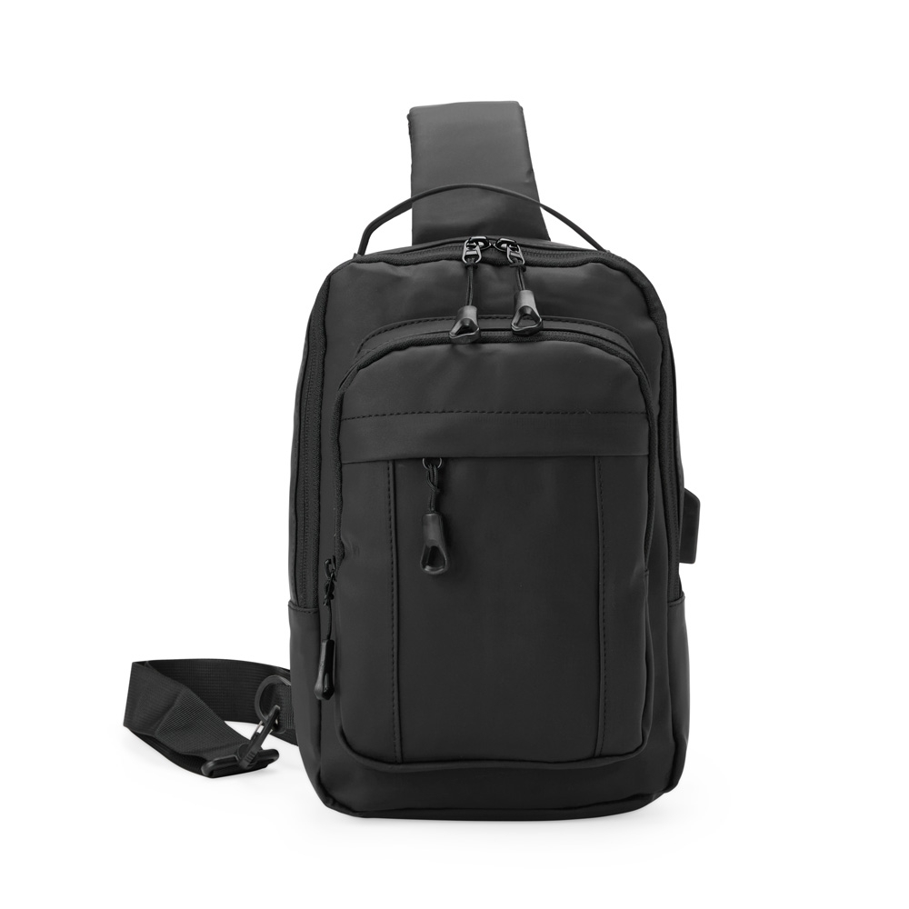 Mochila de ombro USB 8 litros na cor Preto, personalizada com a logo da empresa
