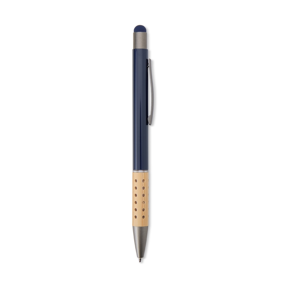 Caneta de metal touch com pega de bambu perfurada personalizada com a logo da empresa, na cor azul escuro