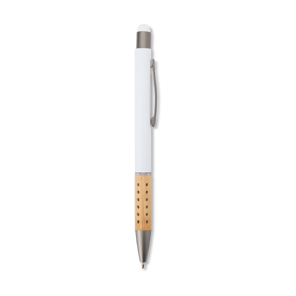 Caneta de metal touch com pega de bambu perfurada personalizada com a logo da empresa, na cor branco