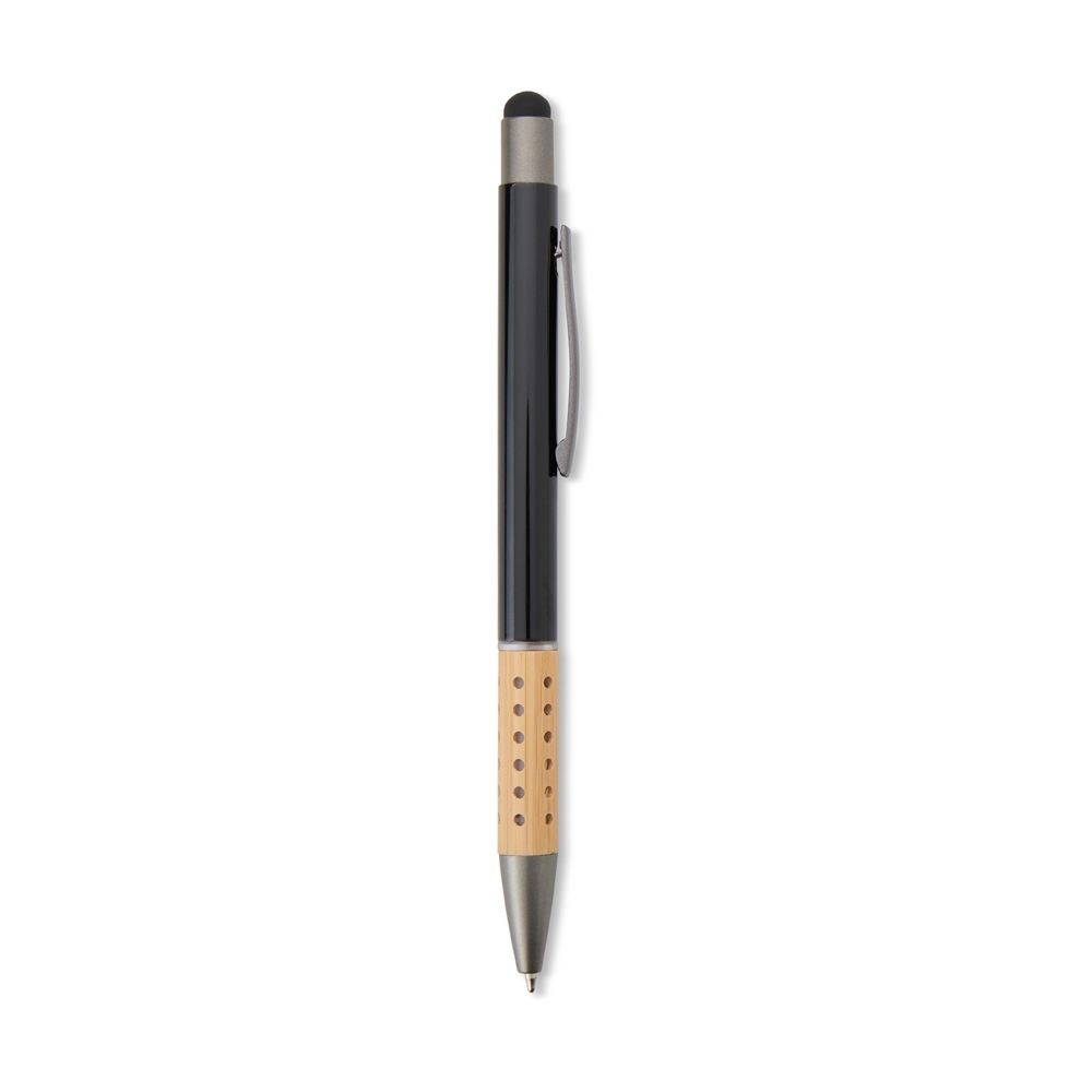 Caneta de metal touch com pega de bambu perfurada na cor Preto, personalizada com a logo da empresa