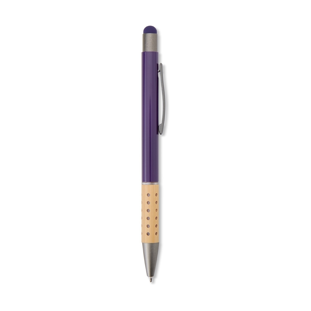 Caneta de metal touch com pega de bambu perfurada personalizada com a logo da empresa, na cor roxo