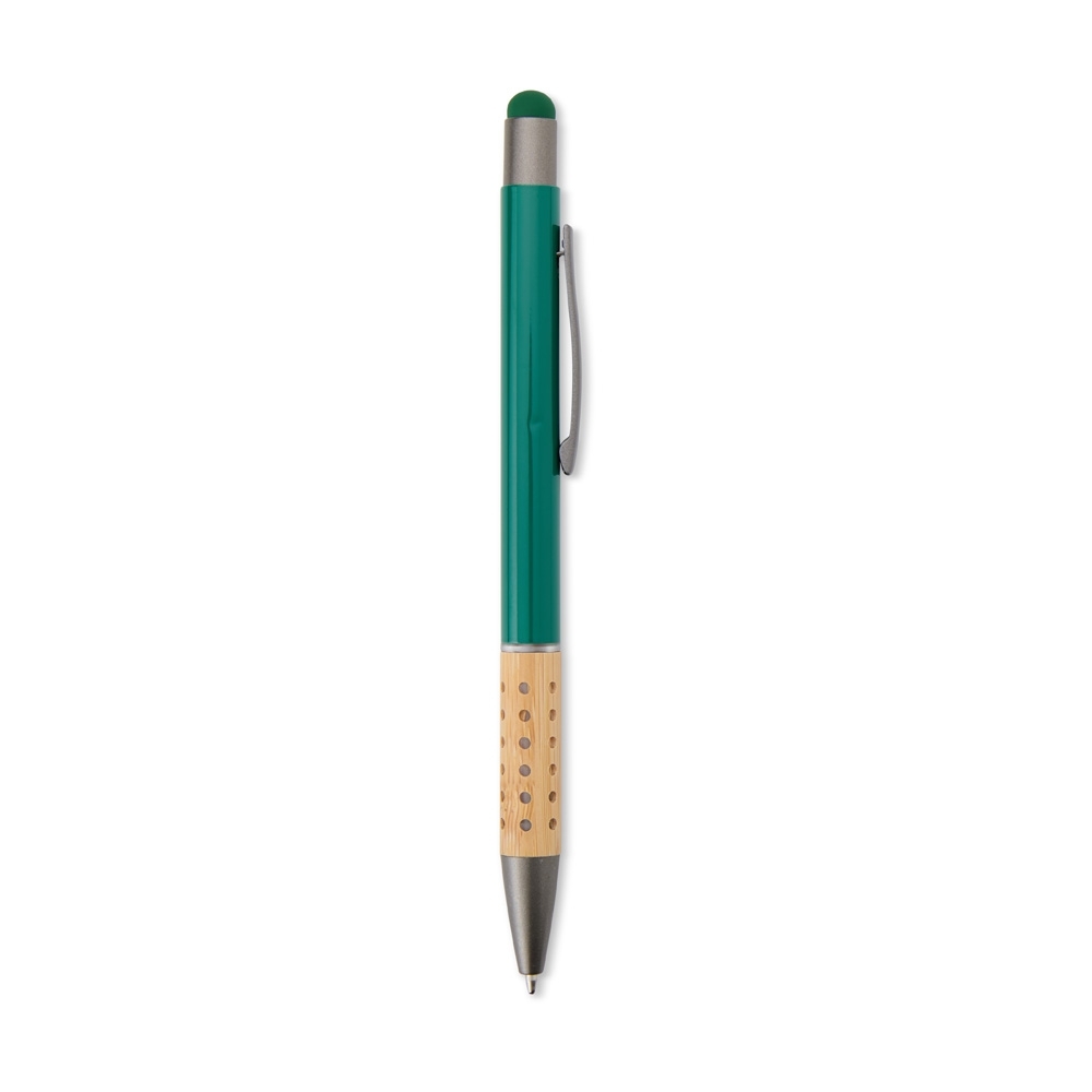 Caneta de metal touch com pega de bambu perfurada personalizada com a logo da empresa, na cor verde
