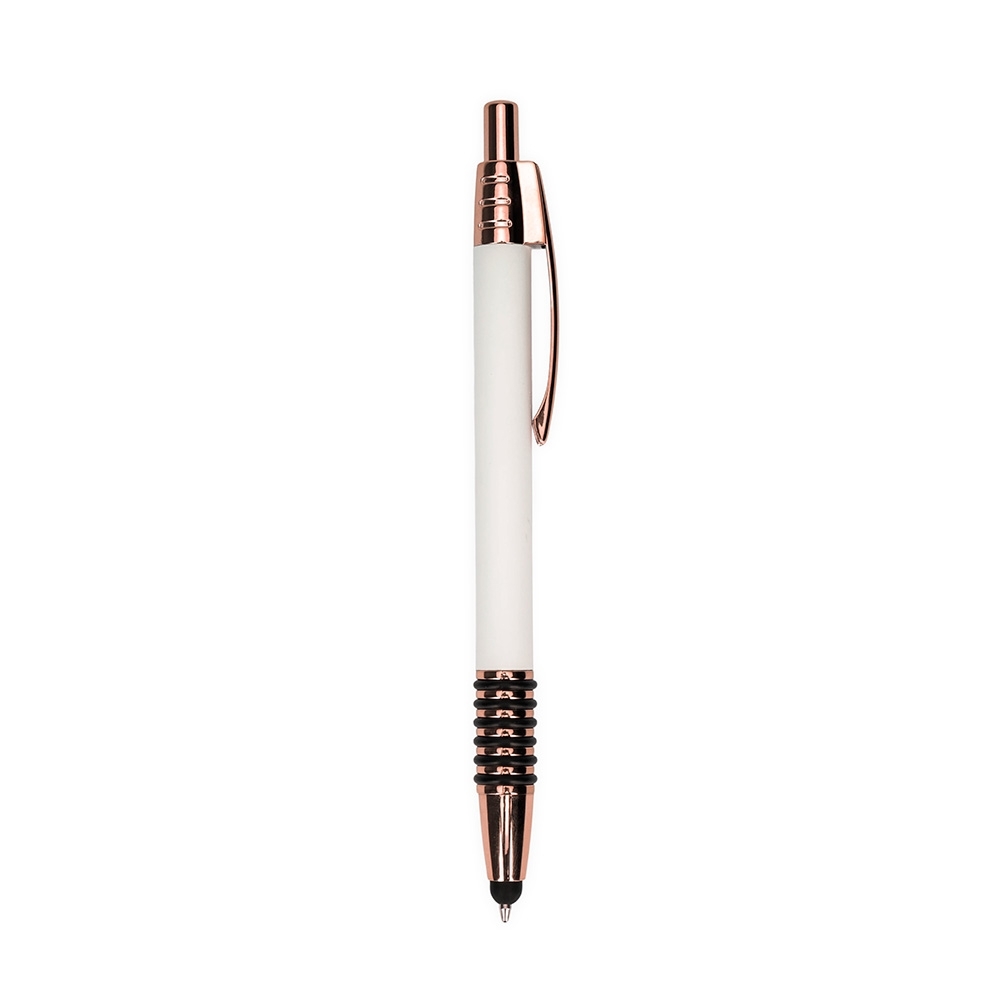 Caneta de metal touch com anéis emborrachados e detalhes acobreados personalizada com a logo da empresa, na cor branco / cobre