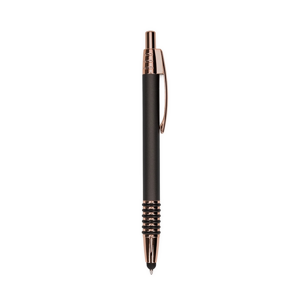 Caneta de metal touch com anéis emborrachados e detalhes acobreados personalizada com a logo da empresa, na cor chumbo / cobre
