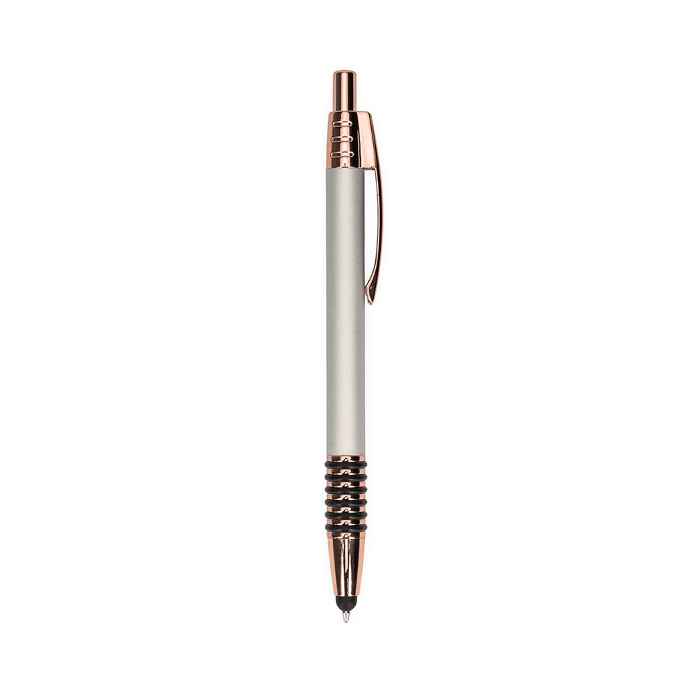 Caneta de metal touch com anéis emborrachados e detalhes acobreados personalizada com a logo da empresa, na cor prata / cobre