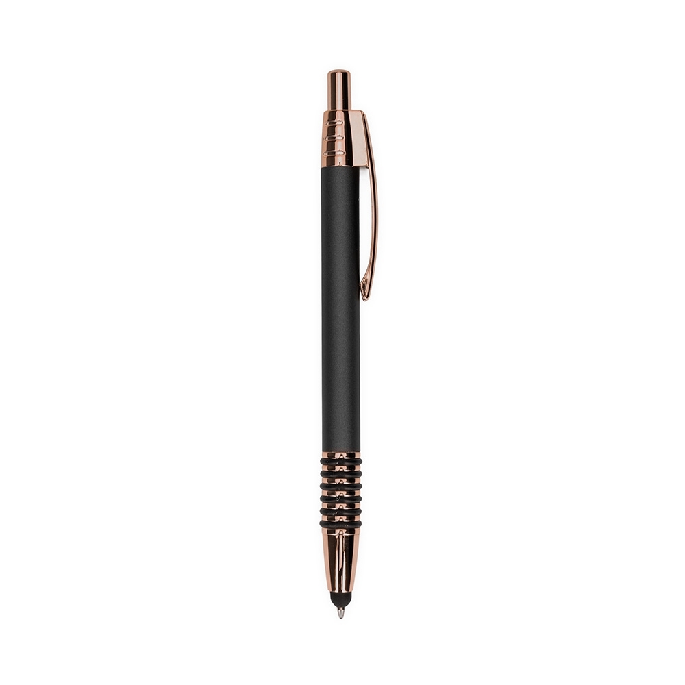 Caneta de metal touch com anéis emborrachados e detalhes acobreados na cor Preto / Cobre, personalizada com a logo da empresa