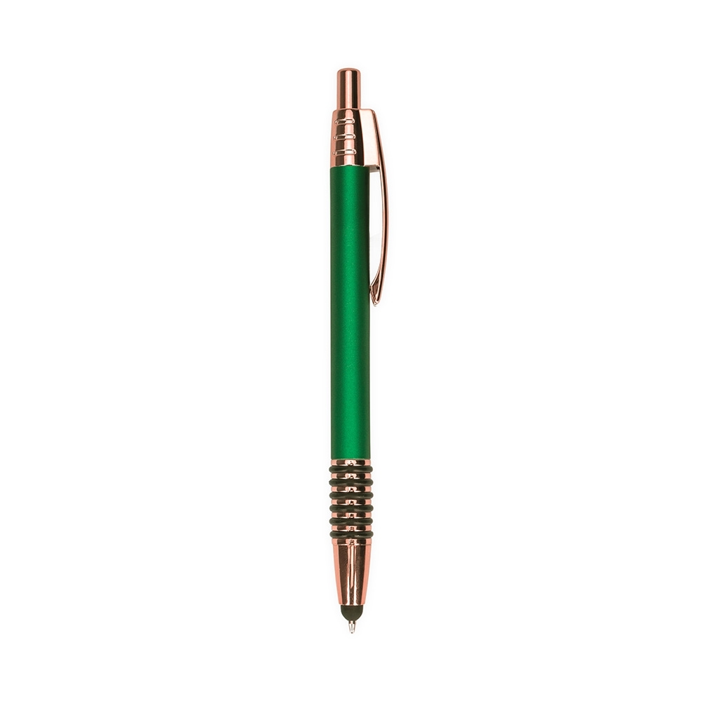 Caneta de metal touch com anéis emborrachados e detalhes acobreados personalizada com a logo da empresa, na cor verde / cobre