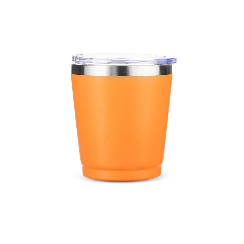 Copo térmico 200 ml de inox personalizado com a logo da empresa, na cor laranja / inox