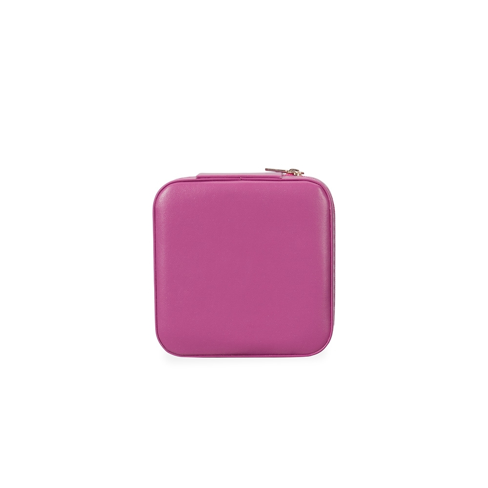Porta-joias de couro sintético com espelho e divisórias personalizado com a logo da empresa, na cor pink
