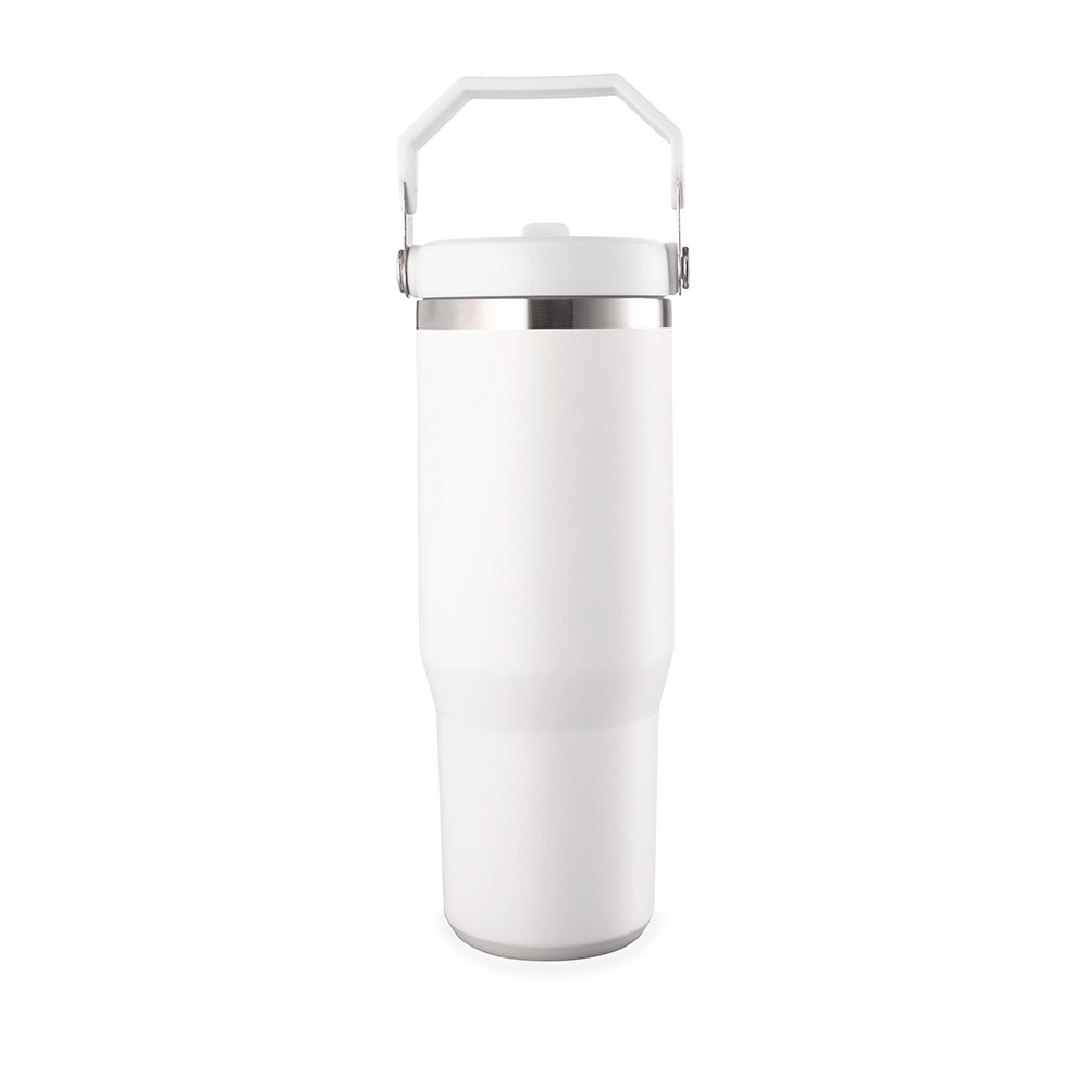 Copo térmico 800 ml de inox com alça personalizado com a logo da empresa, na cor branco / inox