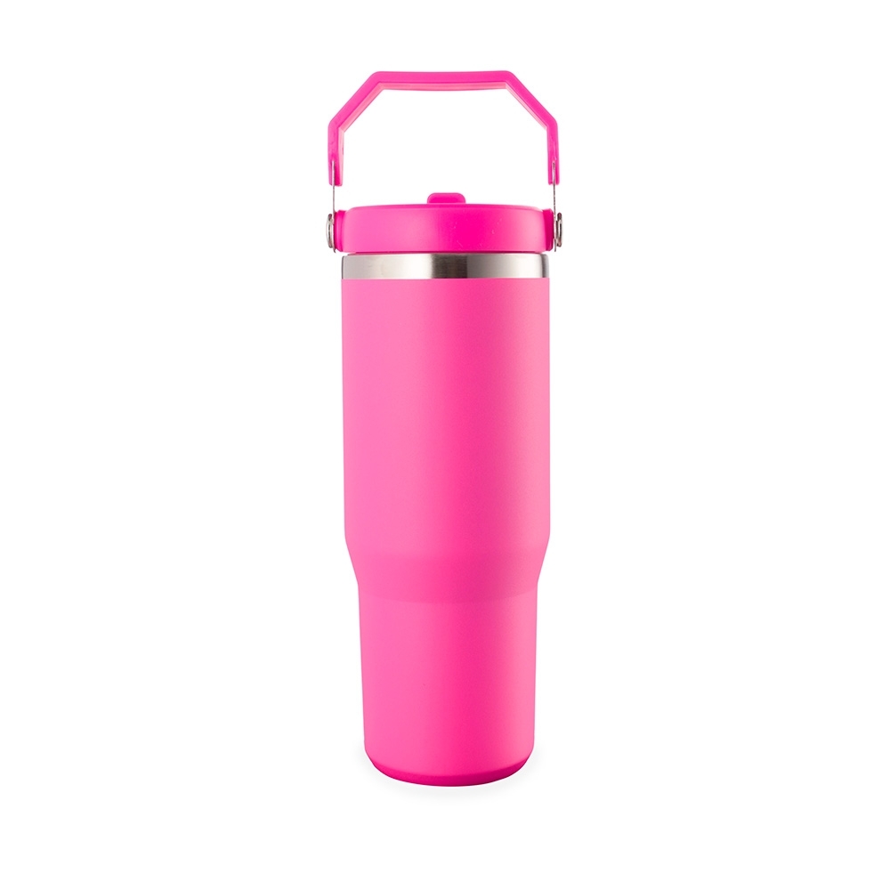 Copo térmico 800 ml de inox com alça personalizado com a logo da empresa, na cor pink / inox