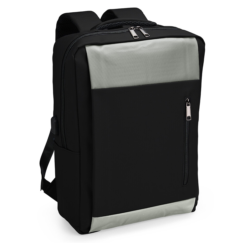 Mochila PU impermeável antifurto 22 litros na cor Preto / Cinza, personalizada com a logo da empresa