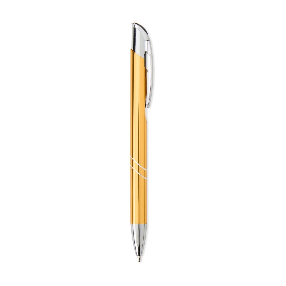 Caneta de metal com topo cromado inclinado e frisos curvos personalizada com a logo da empresa, na cor dourado