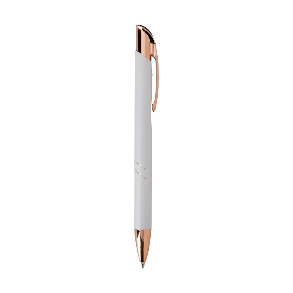 Caneta de metal fosca com topo inclinado e frisos curvos personalizada com a logo da empresa, na cor branco / cobre