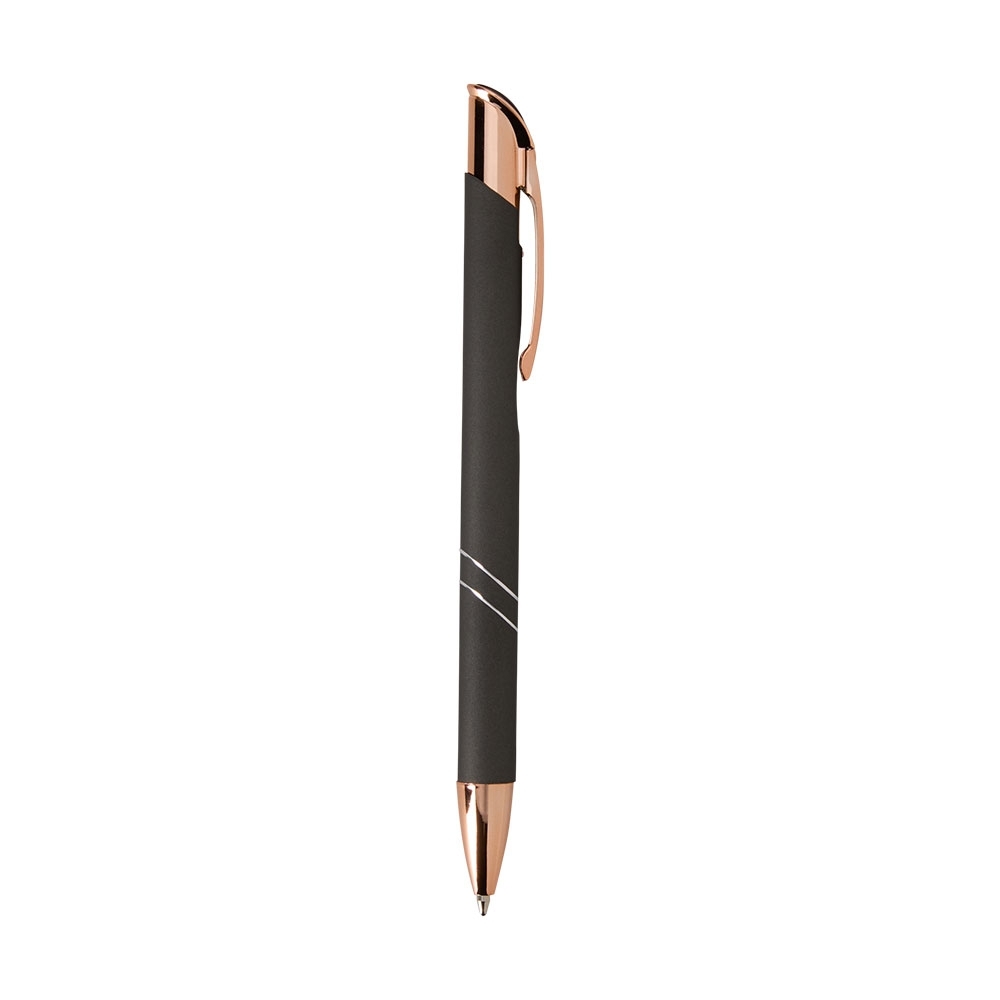 Caneta de metal fosca com topo inclinado e frisos curvos personalizada com a logo da empresa, na cor chumbo