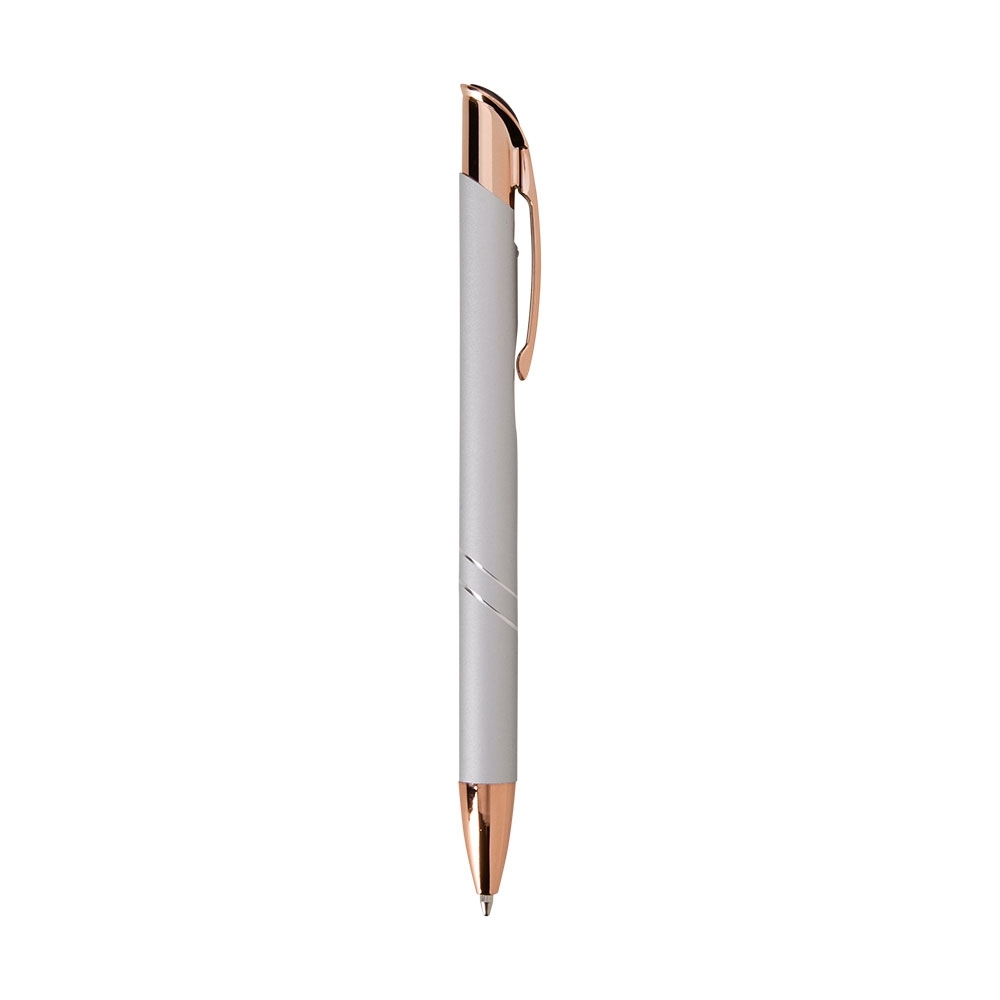 Caneta de metal fosca com topo inclinado e frisos curvos personalizada com a logo da empresa, na cor prata