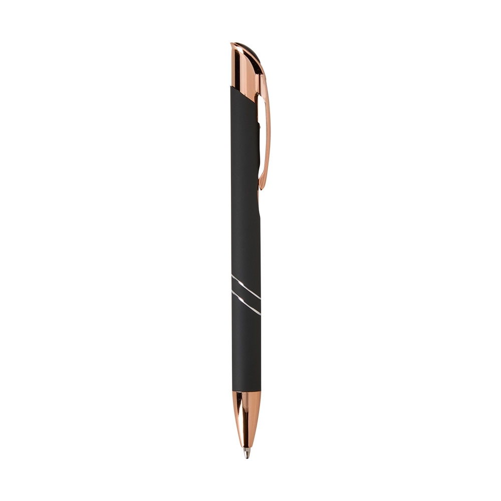 Caneta de metal fosca com topo inclinado e frisos curvos na cor Preto, personalizada com a logo da empresa