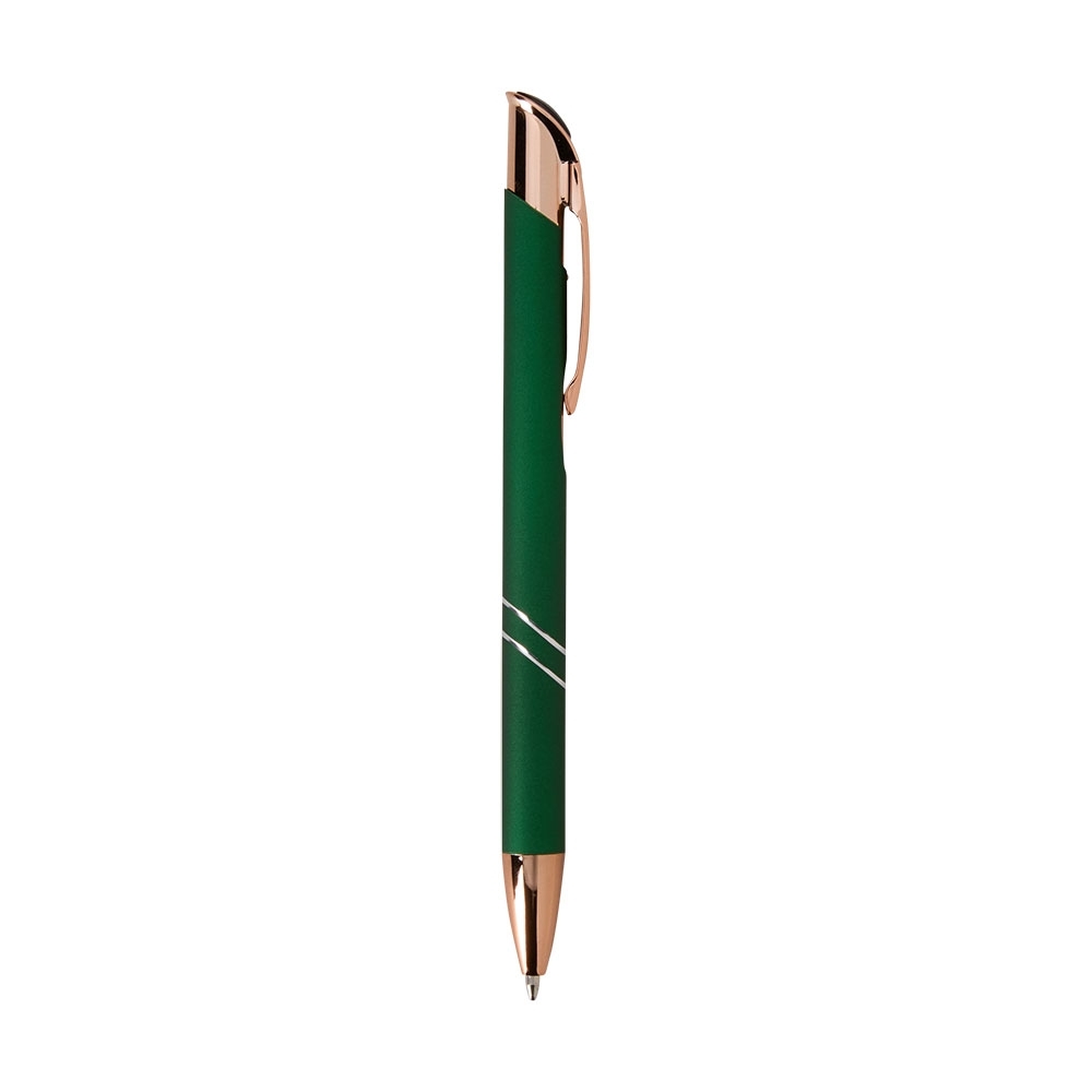 Caneta de metal fosca com topo inclinado e frisos curvos personalizada com a logo da empresa, na cor verde