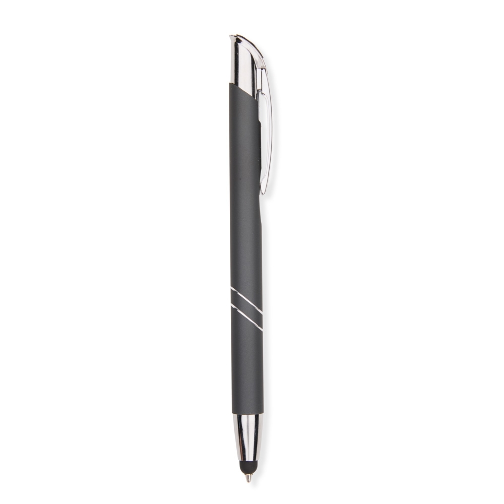 Caneta de metal touch com topo inclinado e frisos curvos personalizada com a logo da empresa, na cor chumbo / prata