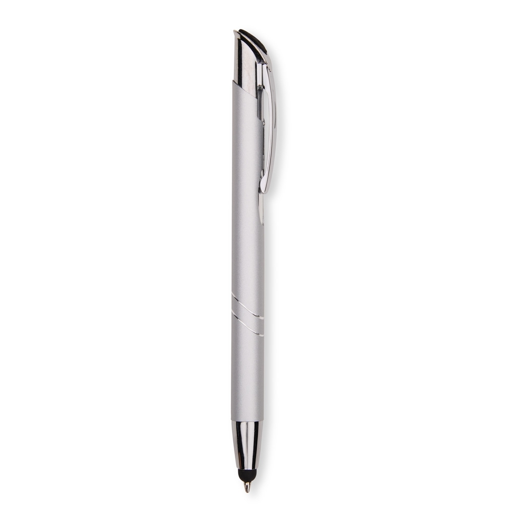 Caneta de metal touch com topo inclinado e frisos curvos personalizada com a logo da empresa, na cor prata