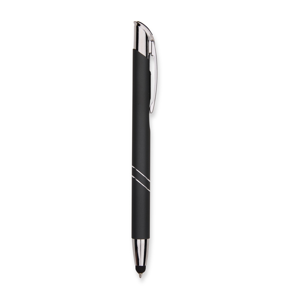 Caneta de metal touch com topo inclinado e frisos curvos na cor Preto / Prata, personalizada com a logo da empresa
