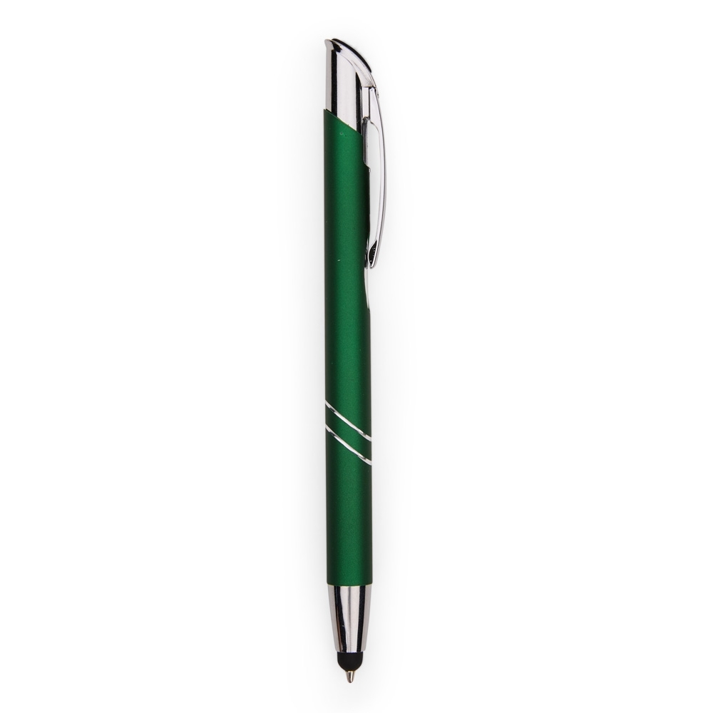 Caneta de metal touch com topo inclinado e frisos curvos personalizada com a logo da empresa, na cor verde / prata