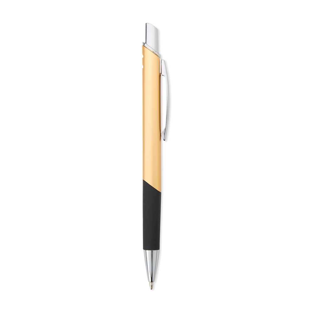 Caneta de metal com pega emborrachada em recorte diagonal personalizada com a logo da empresa, na cor dourado