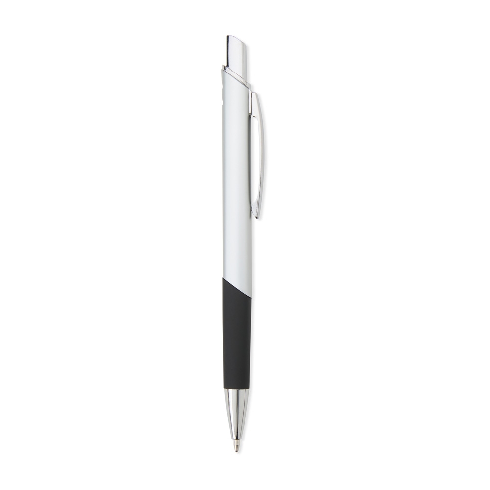 Caneta de metal com pega emborrachada em recorte diagonal personalizada com a logo da empresa, na cor prata