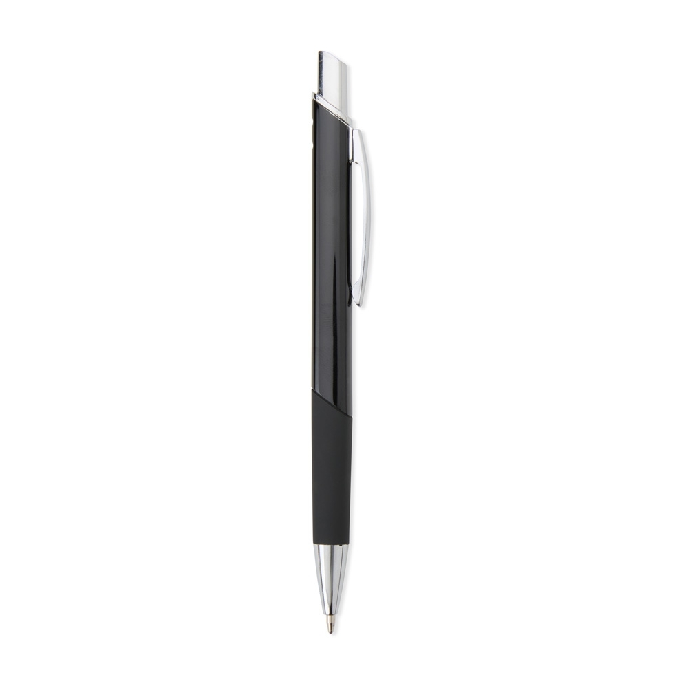 Caneta de metal com pega emborrachada em recorte diagonal na cor Preto, personalizada com a logo da empresa