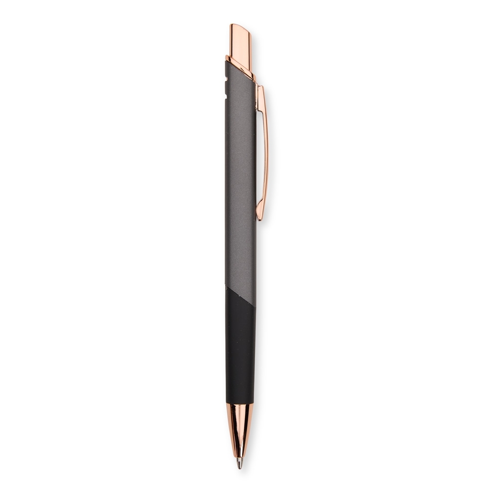 Caneta de metal com detalhes acobreados e pega em recorte diagonal na cor Preto / Cobre, personalizada com a logo da empresa