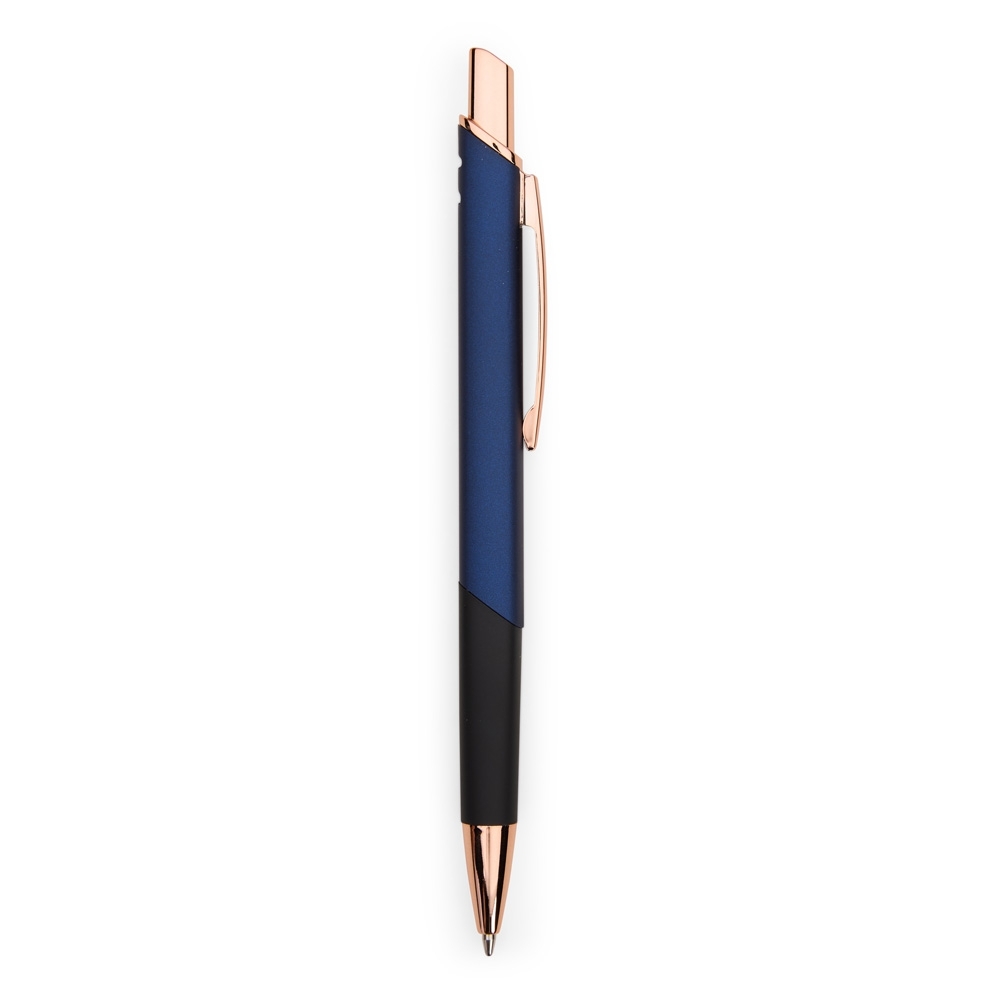 Caneta de metal com detalhes acobreados e pega em recorte diagonal personalizada com a logo da empresa, na cor prata / cobre