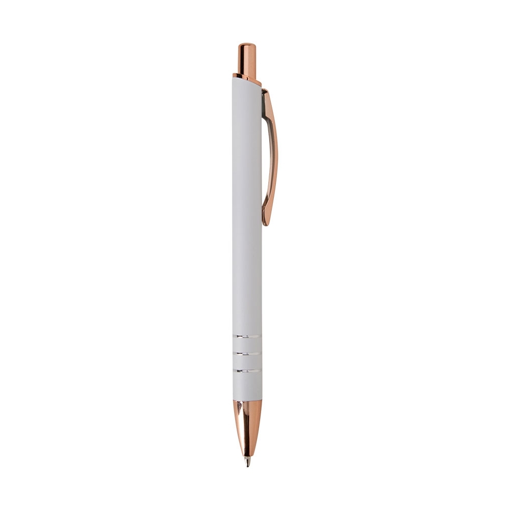 Caneta de metal fosca com detalhes acobreados e anéis personalizada com a logo da empresa, na cor branco / cobre