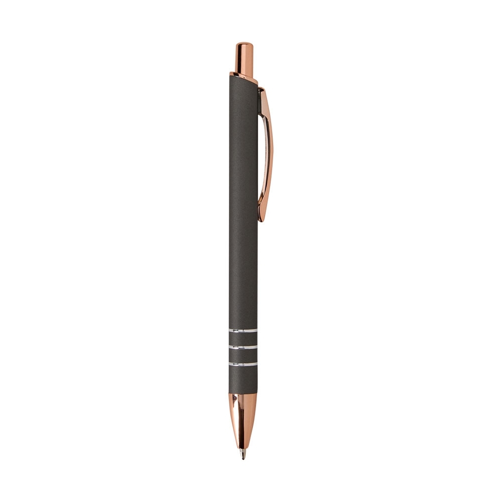 Caneta de metal fosca com detalhes acobreados e anéis personalizada com a logo da empresa, na cor chumbo