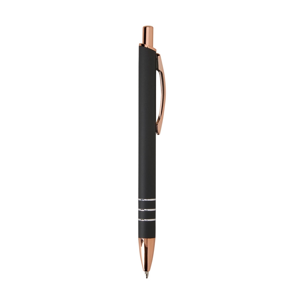 Caneta de metal fosca com detalhes acobreados e anéis na cor Preto, personalizada com a logo da empresa