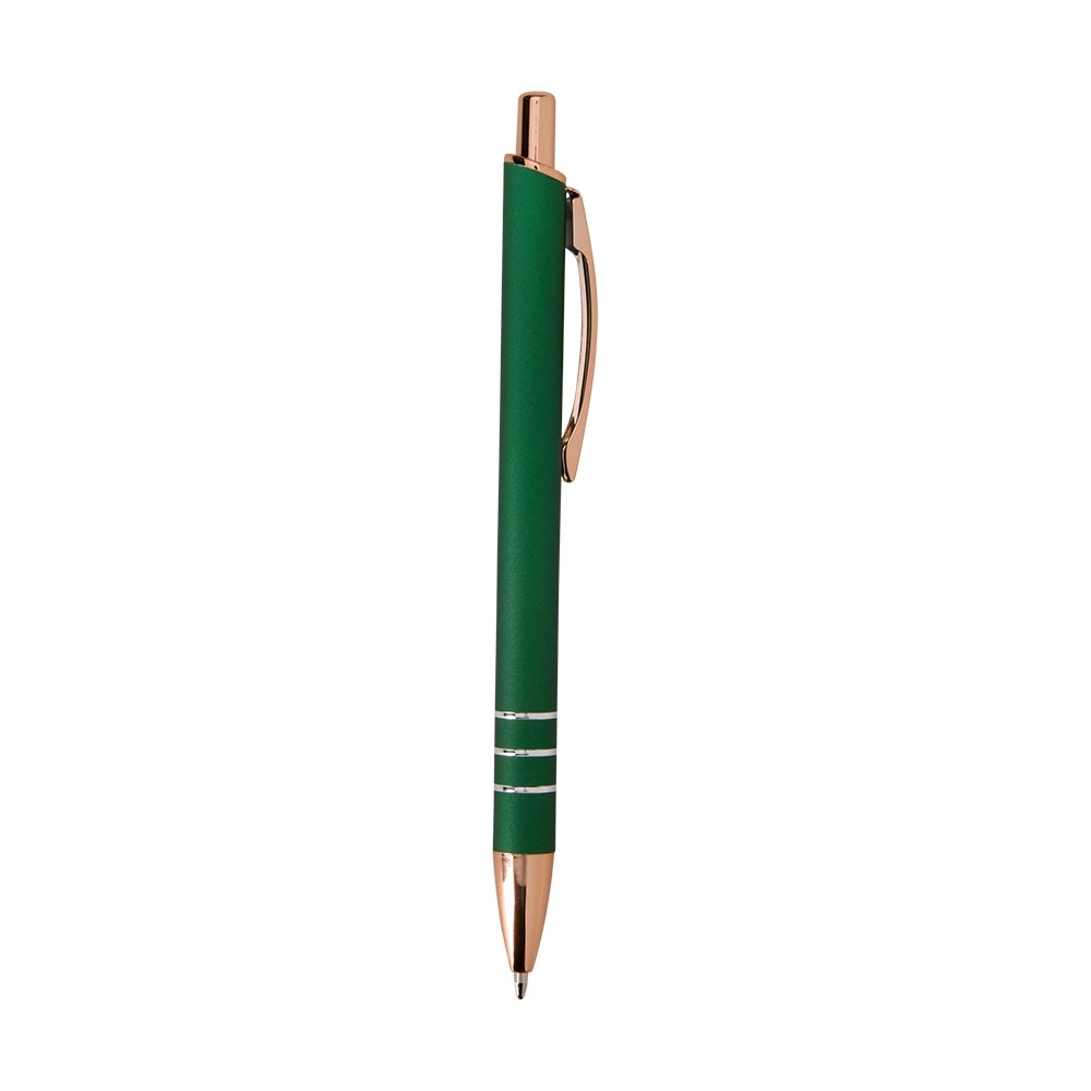 Caneta de metal fosca com detalhes acobreados e anéis personalizada com a logo da empresa, na cor verde